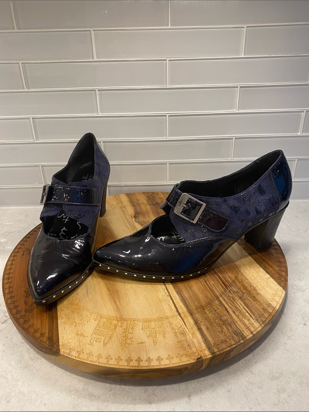 Navy Patent leather - Mary Jane Heels with Buckle Strap will metal accents